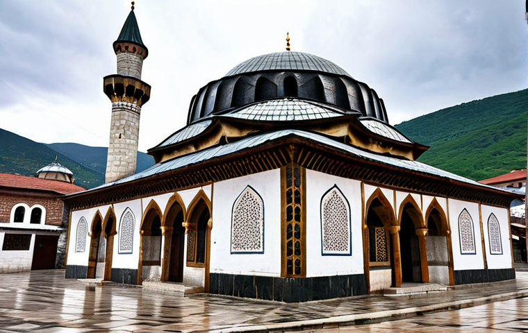**
A photo of the Sinan Pasha Mosque in Prizren, Kosovo, showcasing its 17th-century Ottoman architecture and Islamic calligraphy. Focus on the intricate details and the historical significance of the building.
**
