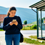 A friendly female traveler, fully clothed in a modest long-sleeved shirt, jeans, and a small backpack, standing at an outdoor bus stop in a rural Kosovar town. She is looking at her smartphone, consulting an offline map. In the background, an older model intercity bus is pulling away, and traditional, modest houses dot the landscape under a clear sky. The scene is captured in natural light, showcasing professional photography with perfect anatomy, correct proportions, well-formed hands, and natural body proportions. This is safe for work, appropriate content, and family-friendly.