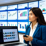 A professional female journalist in a modest business blazer and smart trousers, standing in a modern, brightly lit newsroom. She is looking at a large wall-mounted screen displaying real-time social media feeds and news analytics. On her desk, a laptop shows a news portal interface with interactive infographics. The background features other journalists at their workstations, surrounded by multiple monitors with diverse news content. The atmosphere is dynamic and focused on digital adaptation. Perfect anatomy, correct proportions, natural pose, well-formed hands, proper finger count, natural body proportions. Fully clothed, appropriate attire, professional dress, safe for work, appropriate content, professional.