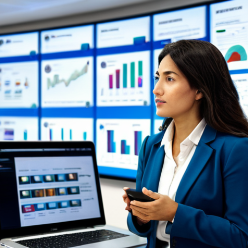 A professional female journalist in a modest business blazer and smart trousers, standing in a modern, brightly lit newsroom. She is looking at a large wall-mounted screen displaying real-time social media feeds and news analytics. On her desk, a laptop shows a news portal interface with interactive infographics. The background features other journalists at their workstations, surrounded by multiple monitors with diverse news content. The atmosphere is dynamic and focused on digital adaptation. Perfect anatomy, correct proportions, natural pose, well-formed hands, proper finger count, natural body proportions. Fully clothed, appropriate attire, professional dress, safe for work, appropriate content, professional.