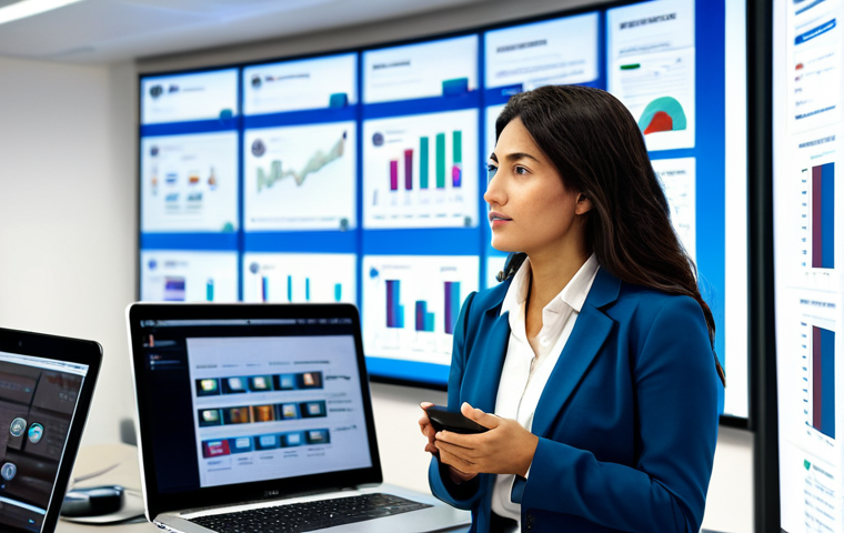 A professional female journalist in a modest business blazer and smart trousers, standing in a modern, brightly lit newsroom. She is looking at a large wall-mounted screen displaying real-time social media feeds and news analytics. On her desk, a laptop shows a news portal interface with interactive infographics. The background features other journalists at their workstations, surrounded by multiple monitors with diverse news content. The atmosphere is dynamic and focused on digital adaptation. Perfect anatomy, correct proportions, natural pose, well-formed hands, proper finger count, natural body proportions. Fully clothed, appropriate attire, professional dress, safe for work, appropriate content, professional.